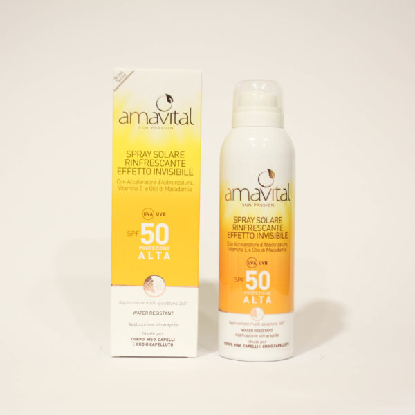 Spray Solare Protezione alta, SPF 50, rinfrescante, con Vitamine - Amavital | Erboristeria Frate Vento