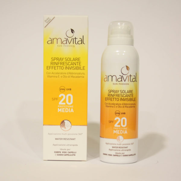 Spray Solare Protezione media, SPF 20, rinfrescante, con Vitamina E - Amavital | Erboristeria Frate Vento